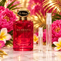 Jo Milano Paris All About U Parfum bottle with 5 ml and 10 ml plain clear travel spray vials