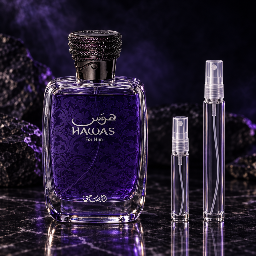 Rasasi Hawas For Him EDP bottle with 5 ml and 10 ml plain clear travel spray vials
