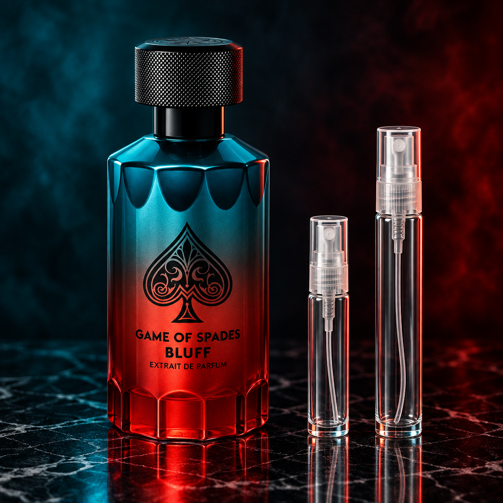 Jo Milano Game of Spades Bluff EDP bottle with 5 ml and 10 ml plain clear travel spray vials