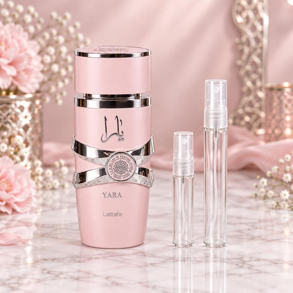 Lattafa Yara Pink Edition bottle with 5 ml and 10 ml plain clear travel spray vials