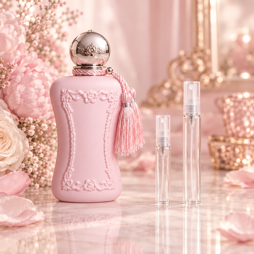 Parfums de Marly Delina Extrait de Parfum bottle with 5 ml and 10 ml plain clear travel spray vials