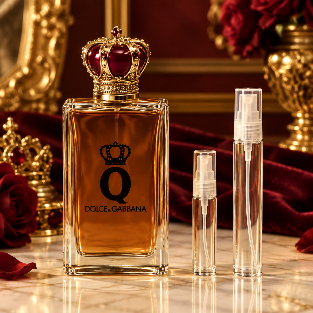 Q by Dolce & Gabbana EDP bottle with 5 ml and 10 ml plain clear travel spray vials