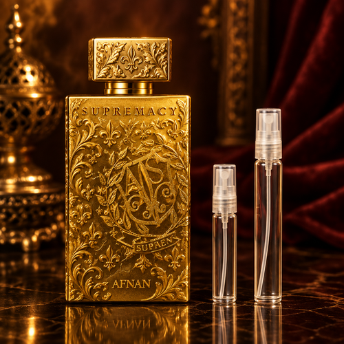 Afnan Supremacy Gold bottle with 5 ml and 10 ml plain clear travel spray vials
