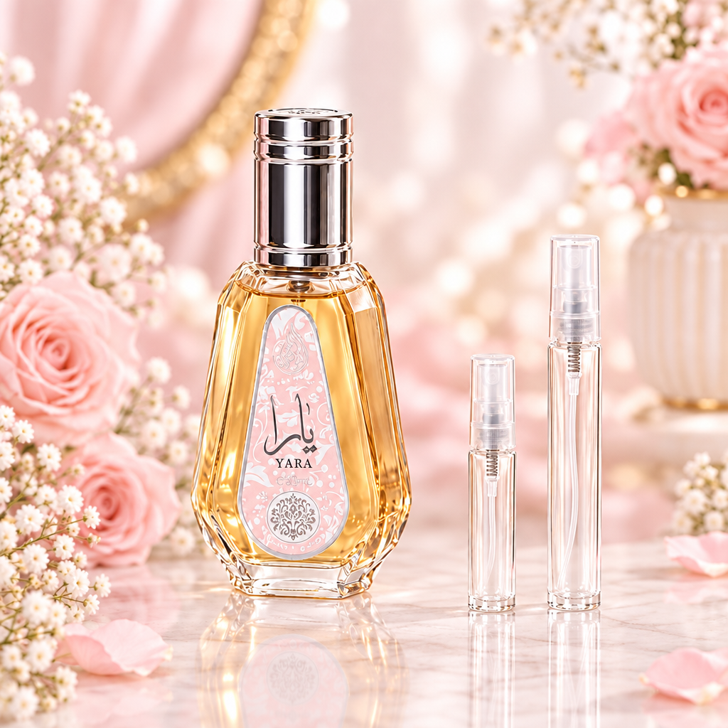 Lattafa Yara EDP bottle with 5 ml and 10 ml plain clear travel spray vials