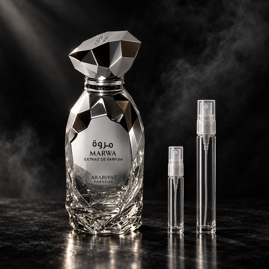 Arabiyat Prestige Marwa Extrait de Parfum bottle with 5 ml and 10 ml plain clear travel spray vials