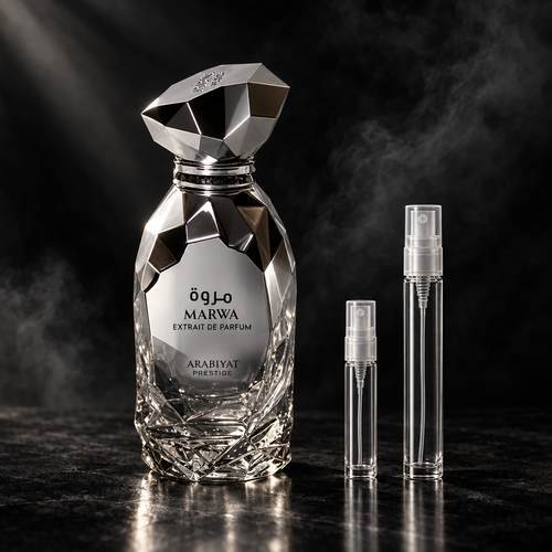 Arabiyat Prestige Marwa Extrait de Parfum bottle with 5 ml and 10 ml plain clear travel spray vials
