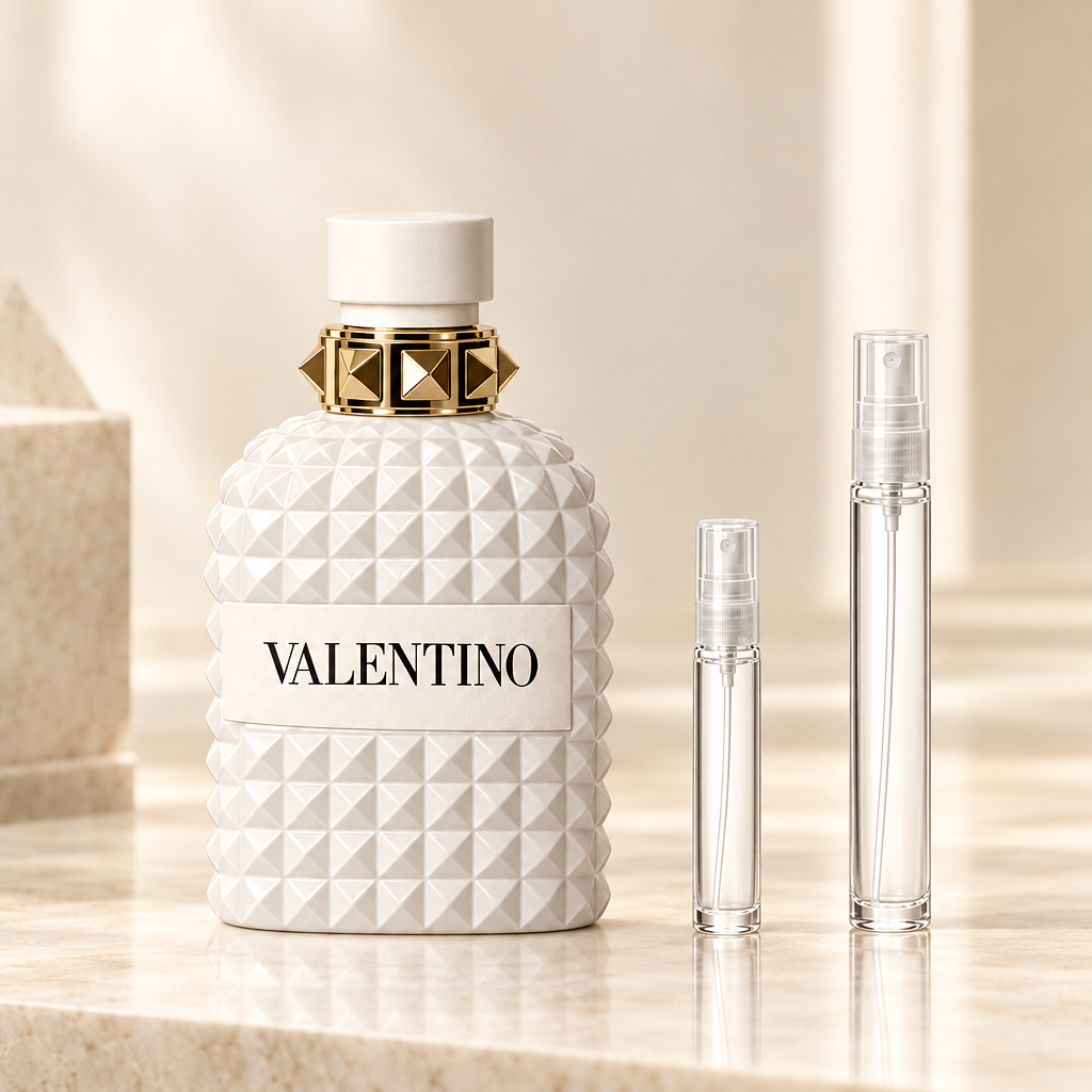 Valentino Uomo Born in Roma Ivory EDP bottle with 5 ml and 10 ml plain clear travel spray vials