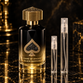 Jo Milano Game of Spades Black Sapphire EDP bottle with 5 ml and 10 ml plain clear travel spray vials