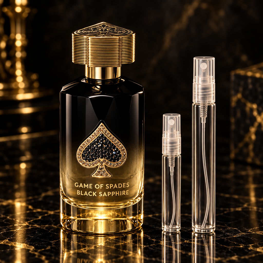 Jo Milano Game of Spades Black Sapphire EDP bottle with 5 ml and 10 ml plain clear travel spray vials