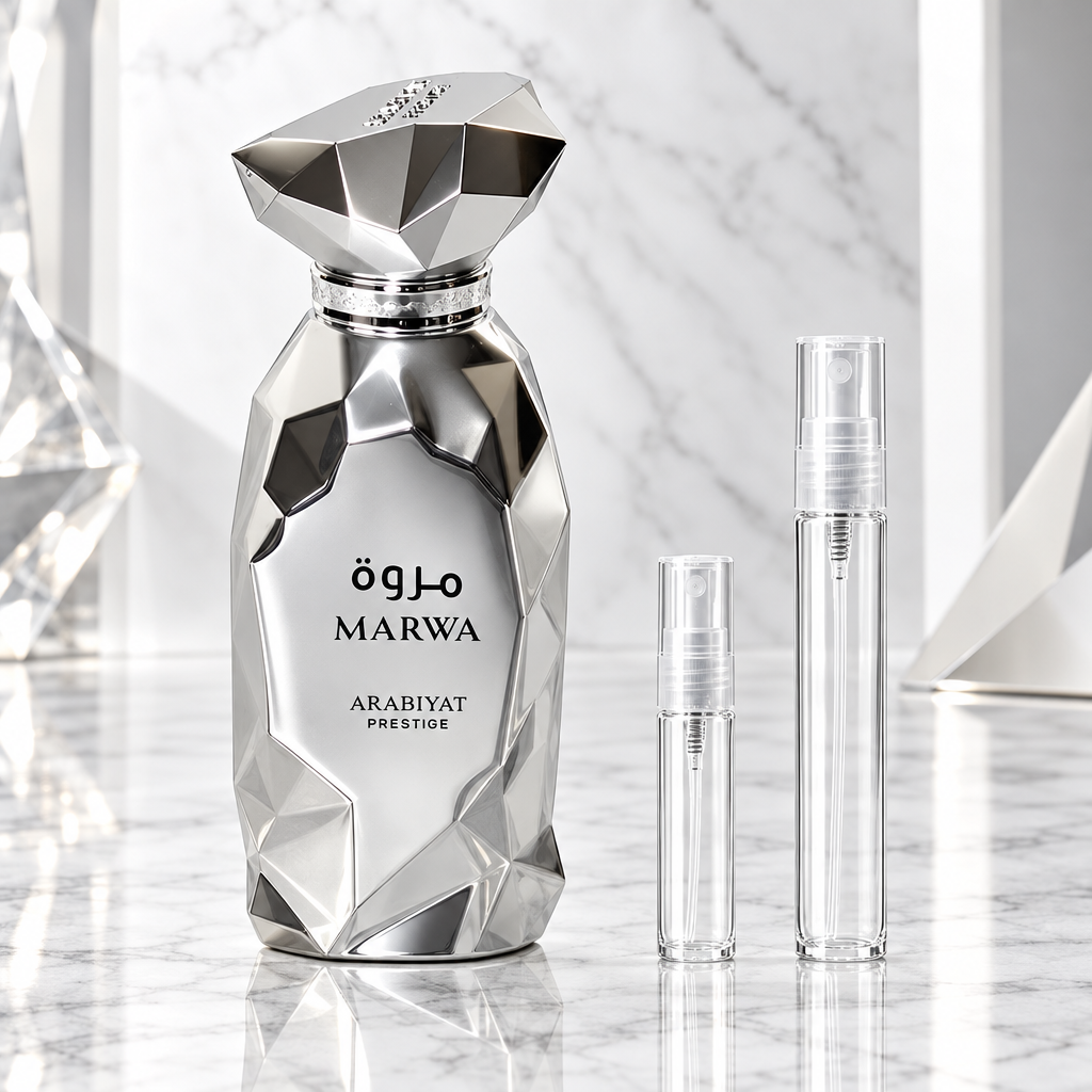 Arabiyat Prestige Marwa EDP bottle with 5 ml and 10 ml plain clear travel spray vials