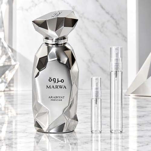Arabiyat Prestige Marwa EDP bottle with 5 ml and 10 ml plain clear travel spray vials