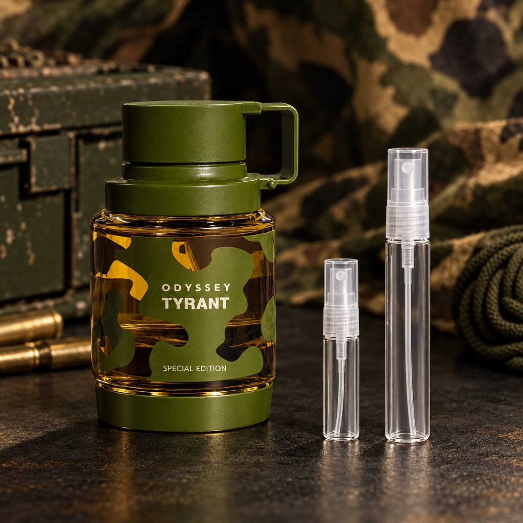 Armaf Odyssey Tyrant Special Edition bottle with 5 ml and 10 ml plain clear travel spray vials