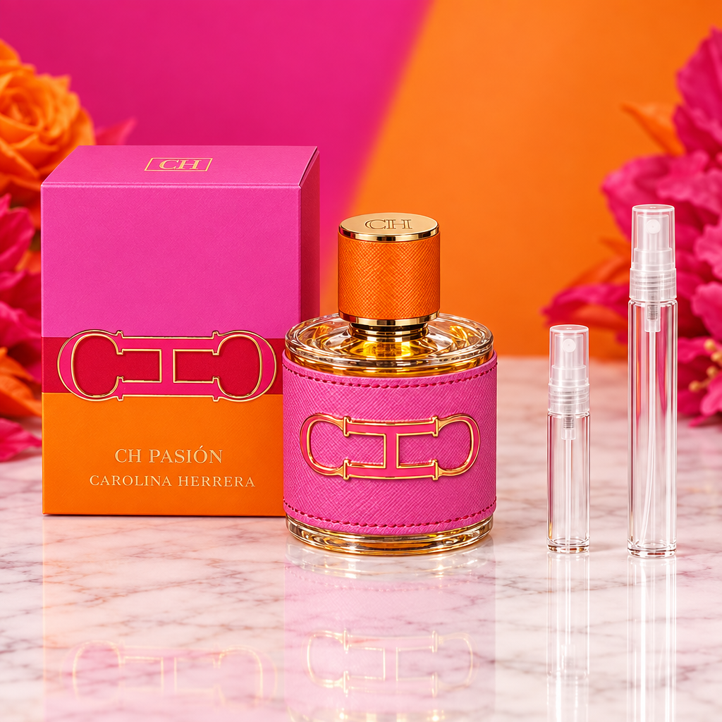 CH Pasión for Her EDP bottle with box and 5 ml and 10 ml plain clear travel spray vials