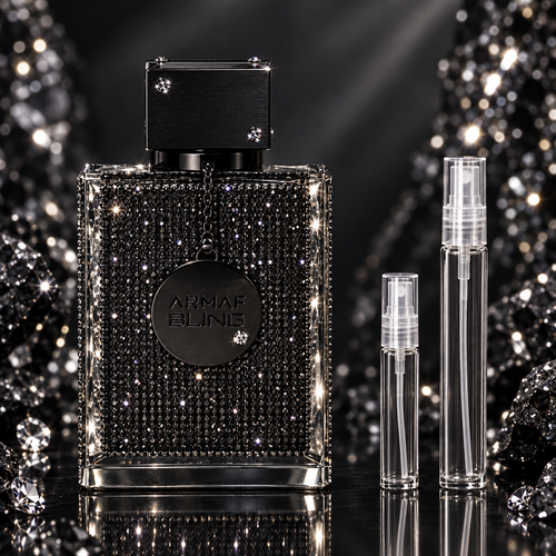 Armaf Club de Nuit Bling Eau de Parfum bottle with 5 ml and 10 ml plain clear travel spray vials