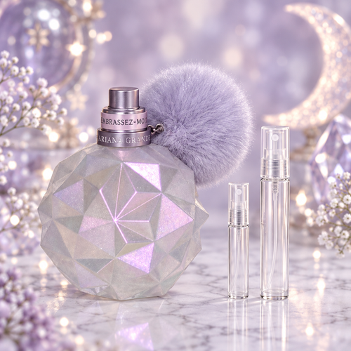 Ariana Grande Moonlight EDP bottle with 5 ml and 10 ml plain clear travel spray vials