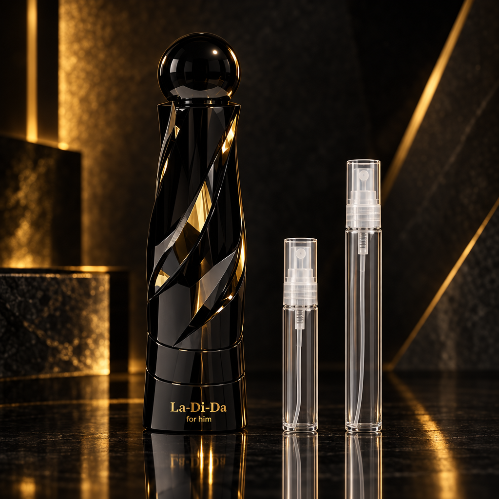 Arabiyat Prestige La Di Da For Him bottle with 5 ml and 10 ml plain clear travel spray vials