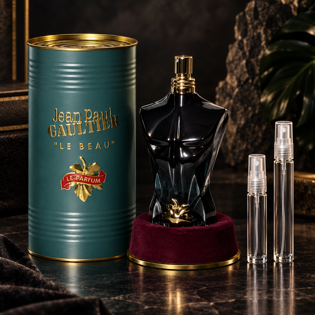 Jean Paul Gaultier Le Beau Le Parfum bottle and tin with 5 ml and 10 ml plain clear travel spray vials