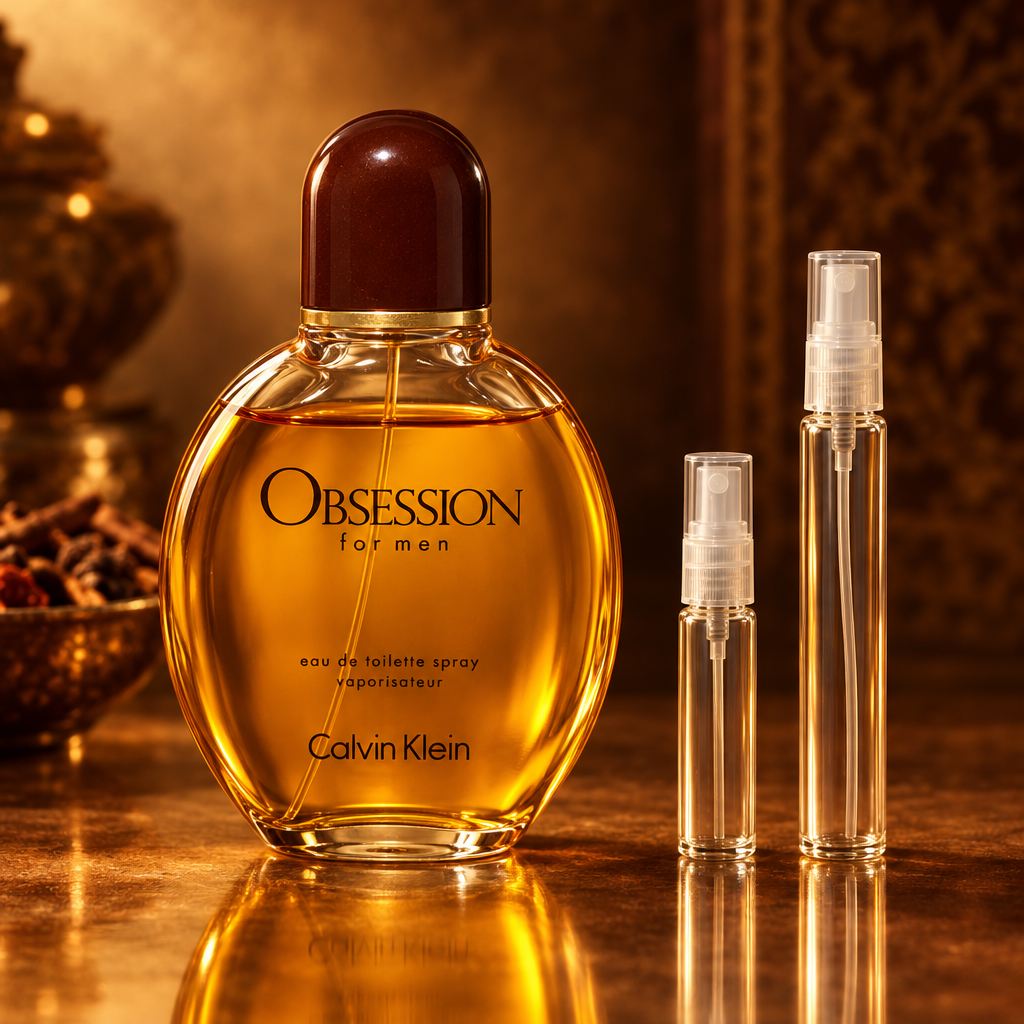 Calvin Klein Obsession for Men bottle with 5 ml and 10 ml plain clear travel spray vials