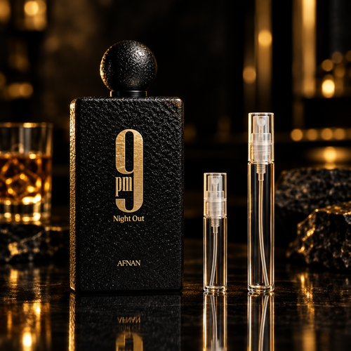Afnan 9pm Night Out bottle with 5 ml and 10 ml plain clear travel spray vials