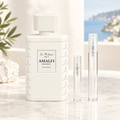 Jo Milano Paris Amalfi Bianco Pour Homme bottle with 5 ml and 10 ml plain clear travel spray vials