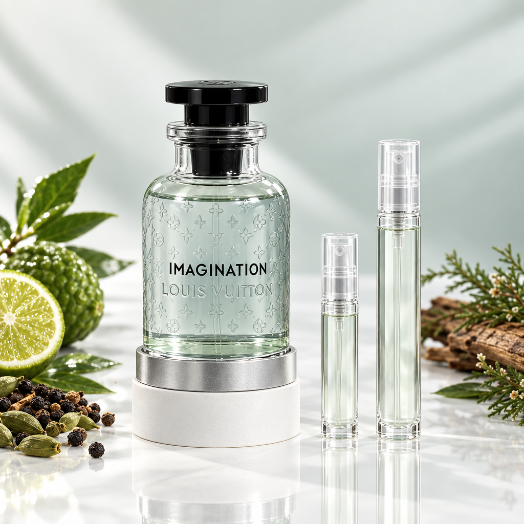 Louis Vuitton Imagination EDP bottle with 5 ml and 10 ml plain clear travel spray vials