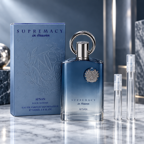 Afnan Supremacy in Heaven EDP bottle with box and 5 ml and 10 ml plain clear travel spray vials