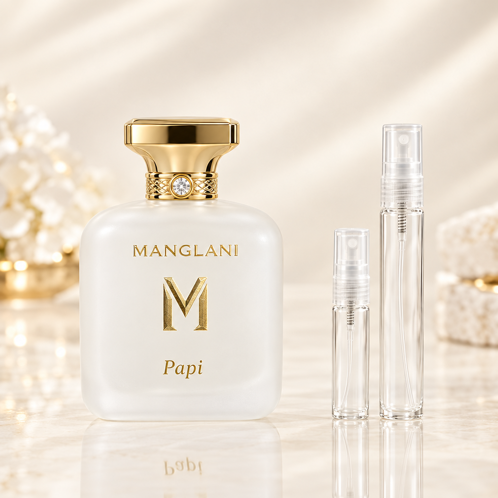Manglani Papi Extrait de Parfum bottle with 5 ml and 10 ml plain clear travel spray vials
