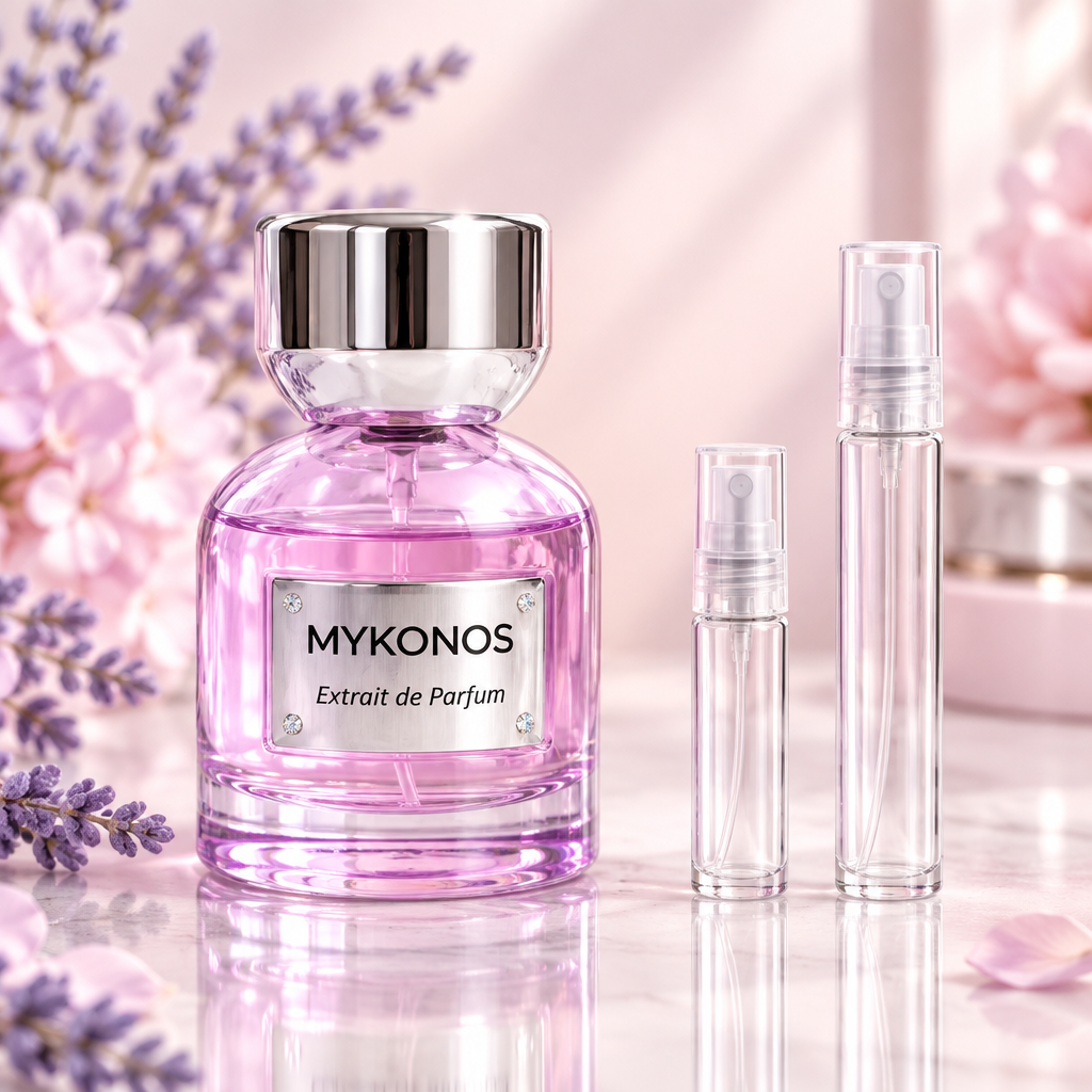 Mykonos Reflection Extrait de Parfum bottle with 5 ml and 10 ml plain clear travel spray vials