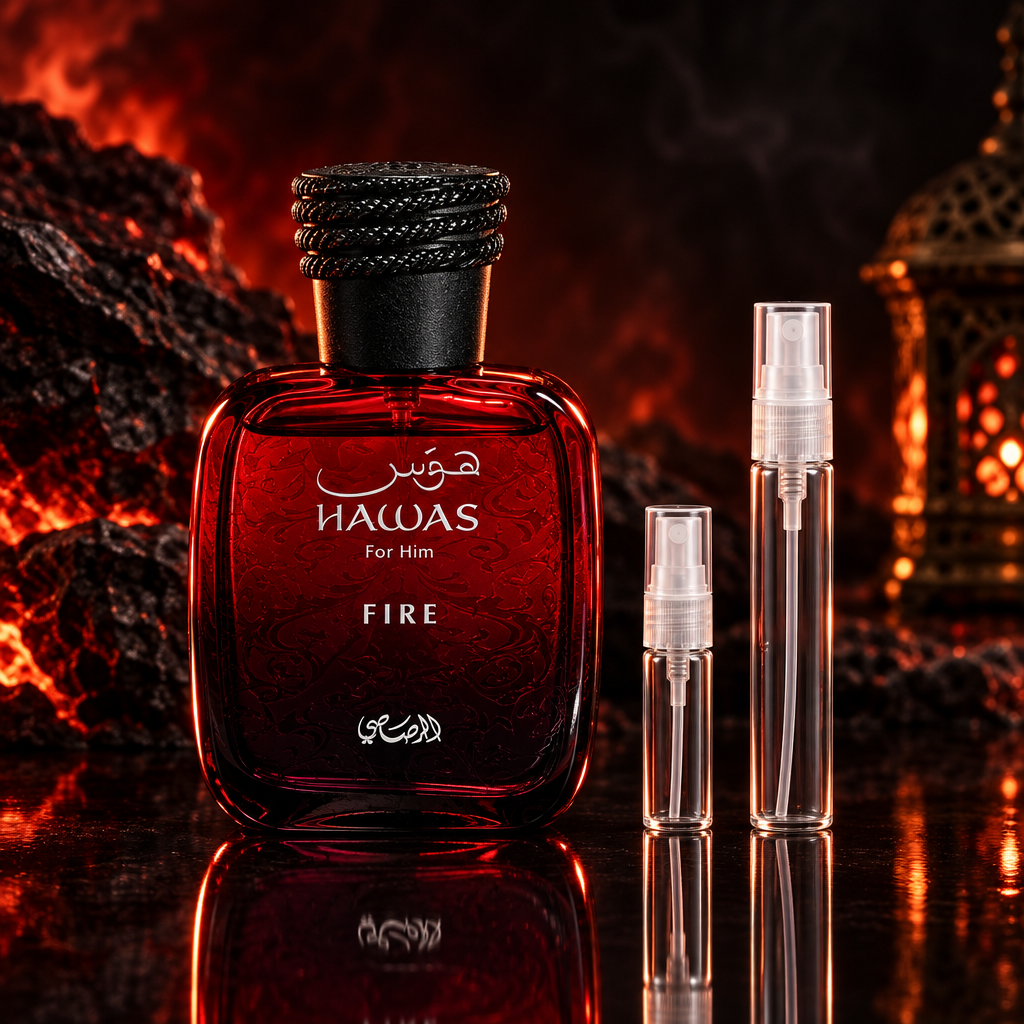 Rasasi Hawas For Him Fire bottle with 5 ml and 10 ml plain clear travel spray vials