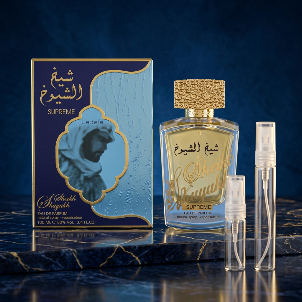 Lattafa Sheikh Al Shuyukh Supreme bottle and box with plain clear-glass travel sprays in a rich blue-and-gold setting