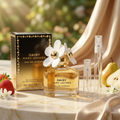 Marc Jacobs Daisy Eau So Intense with plain clear-glass travel sprays in a warm sunlit floral setting