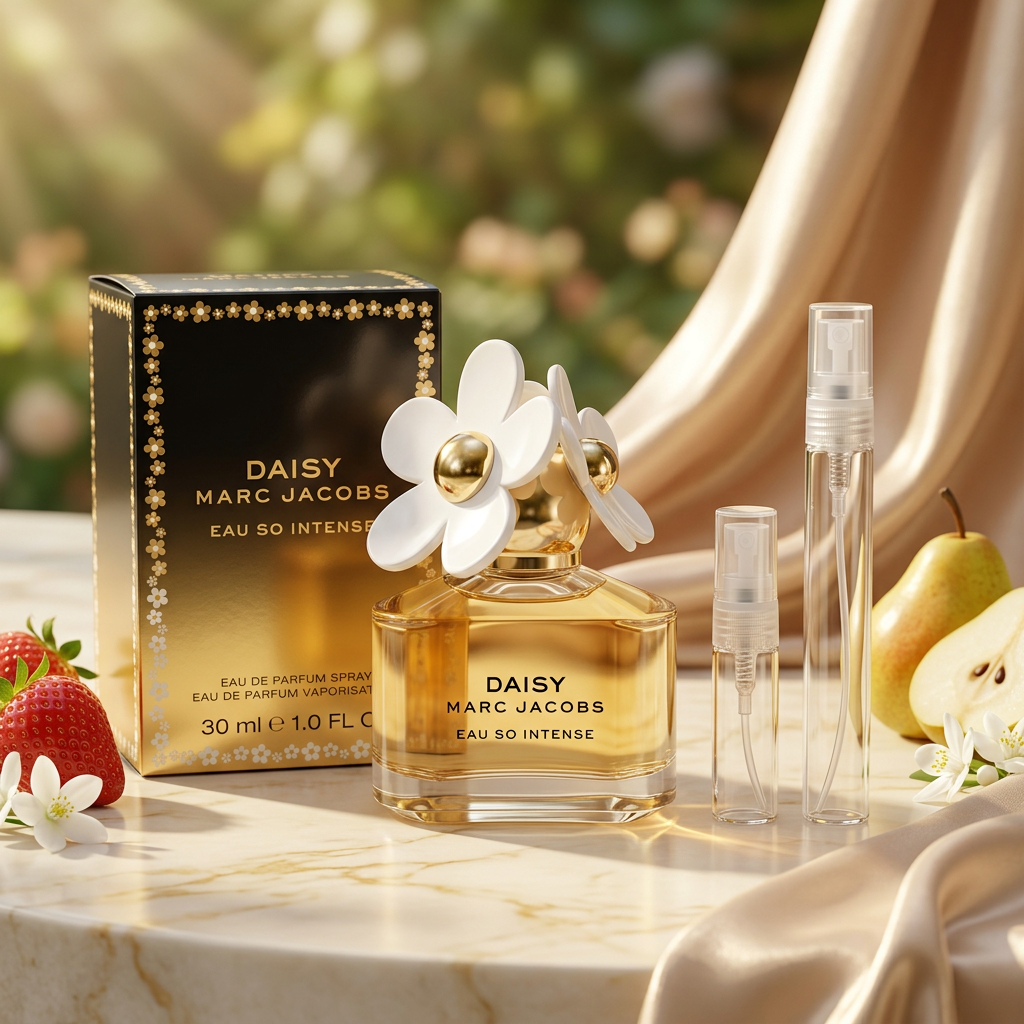 Marc Jacobs Daisy Eau So Intense with plain clear-glass travel sprays in a warm sunlit floral setting