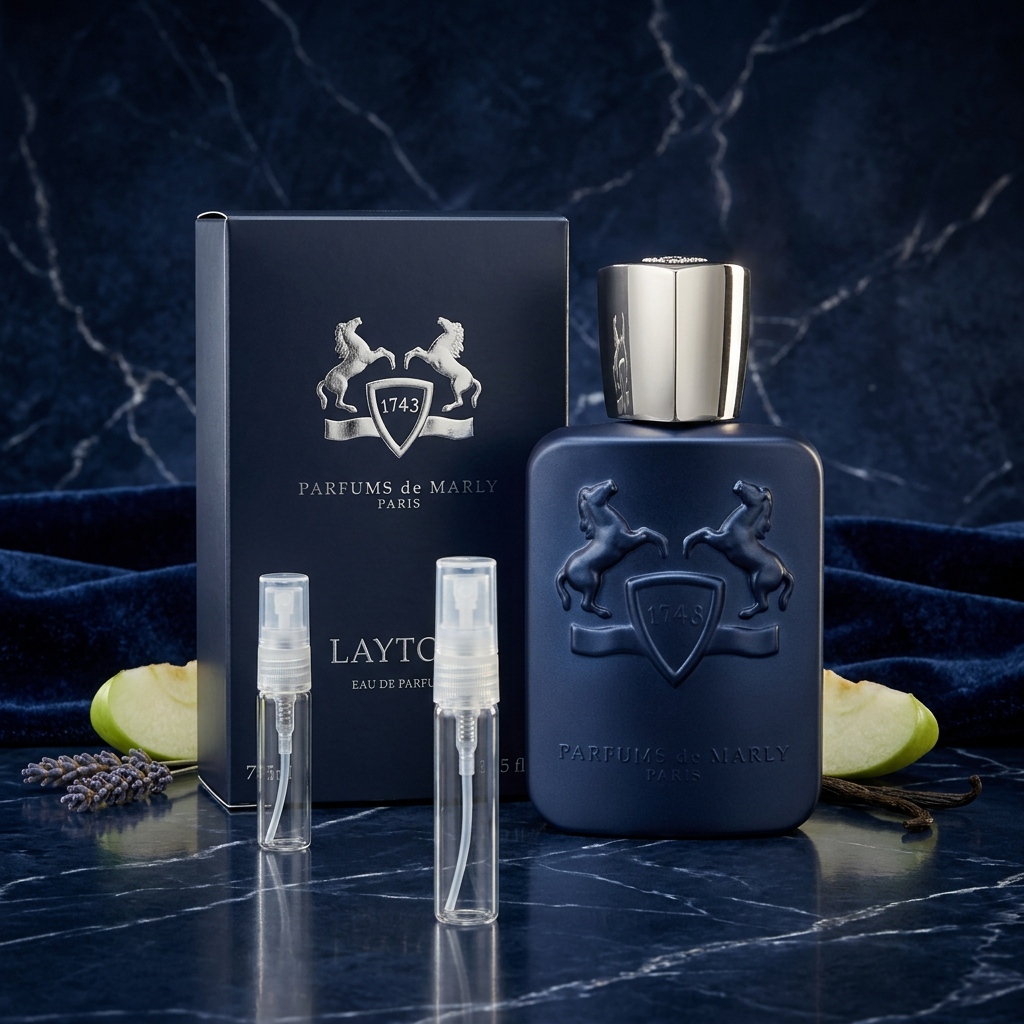 Parfums de Marly Layton bottle and box with plain clear-glass travel sprays in a navy-and-silver setting