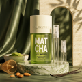 Solinotes Matcha with plain glass travel sprays in a textured green setting