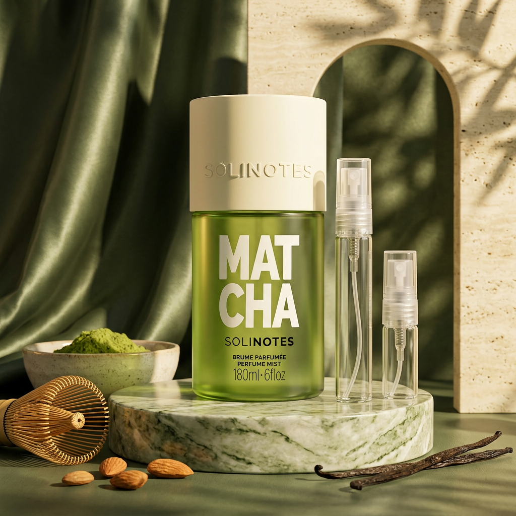 Solinotes Matcha with plain glass travel sprays in a textured green setting