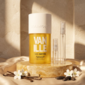 Solinotes Vanille with plain glass travel sprays in a warm vanilla setting