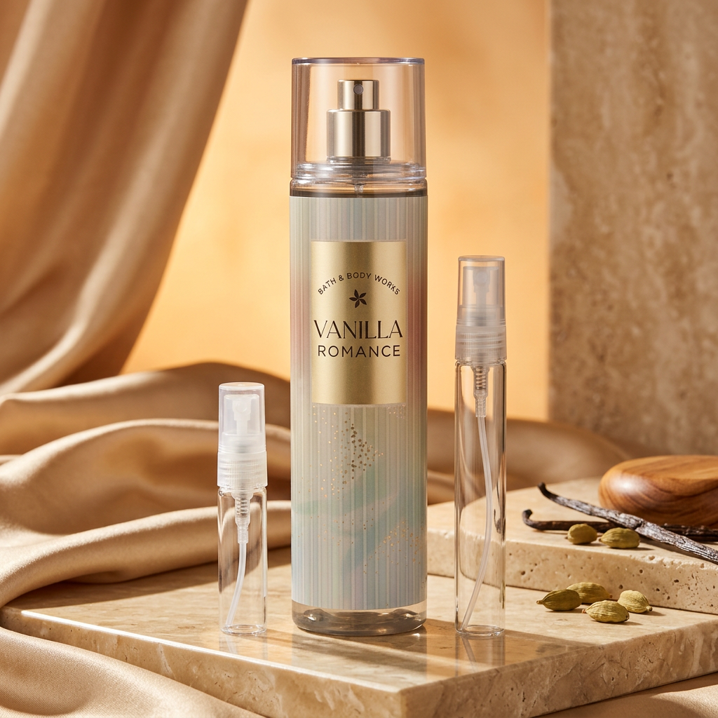 Vanilla Romance Fine Fragrance Mist with plain clear-glass travel sprays in a warm ivory-and-gold setting