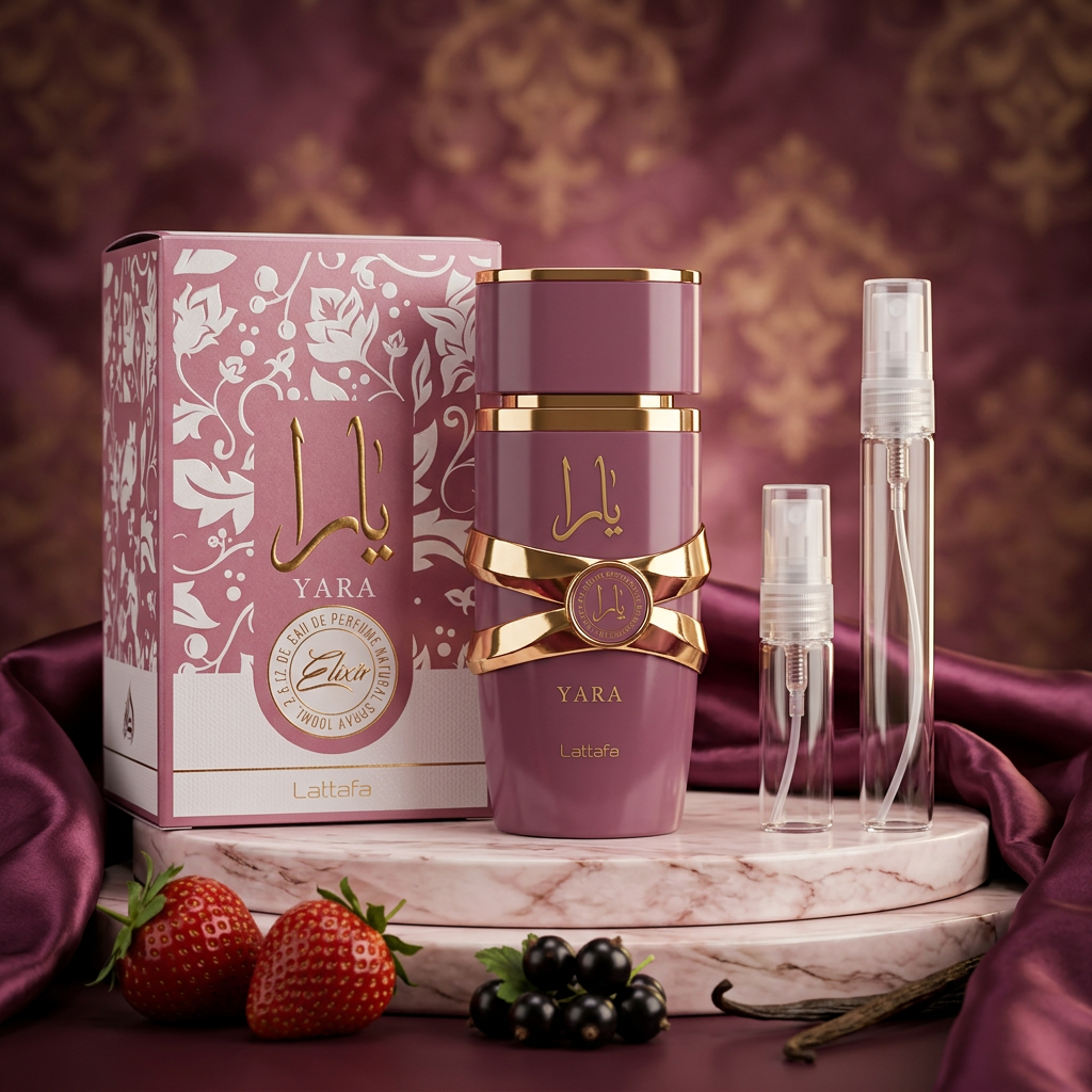 Yara Elixir with a muted plum bottle and plain travel sprays